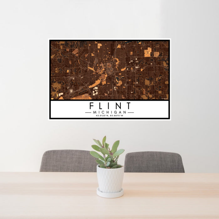 24x36 Flint Michigan Map Print Lanscape Orientation in Ember Style Behind 2 Chairs Table and Potted Plant