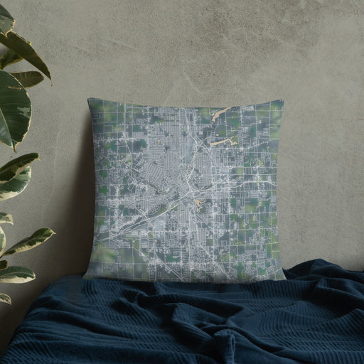 Custom Flint Michigan Map Throw Pillow in Afternoon on Bedding Against Wall