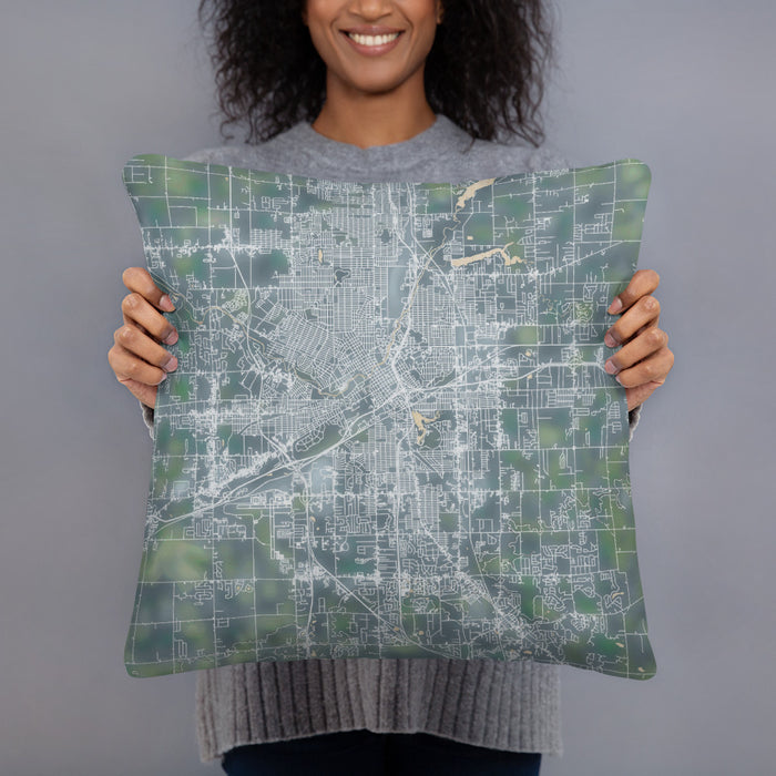 Person holding 18x18 Custom Flint Michigan Map Throw Pillow in Afternoon