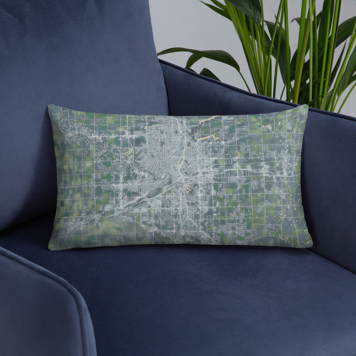 Custom Flint Michigan Map Throw Pillow in Afternoon on Blue Colored Chair