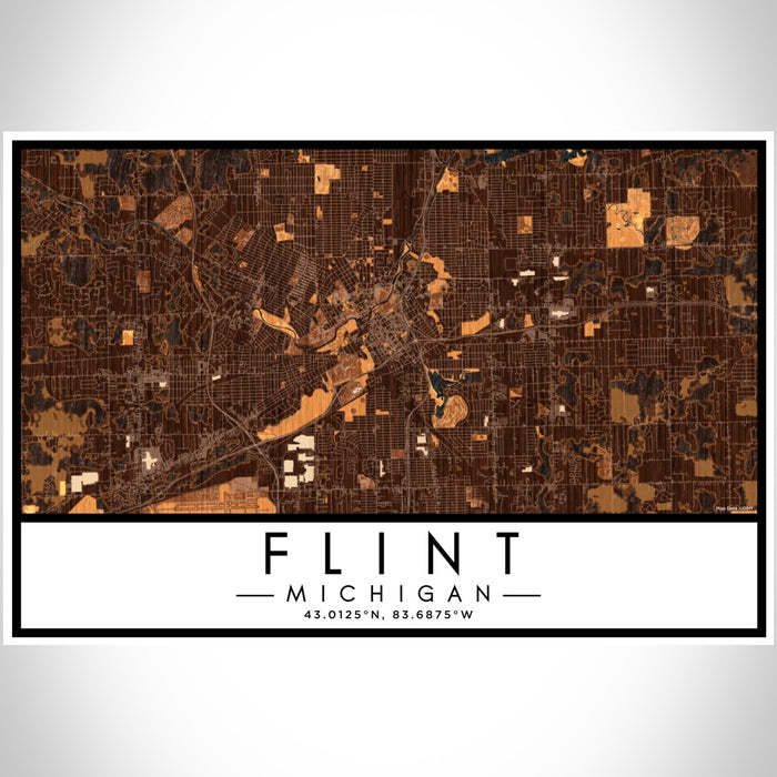 Flint Michigan Map Print Landscape Orientation in Ember Style With Shaded Background