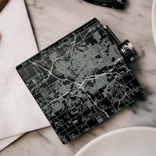 Flint Michigan Custom Engraved City Map Inscription Coordinates on 6oz Stainless Steel Flask in Black