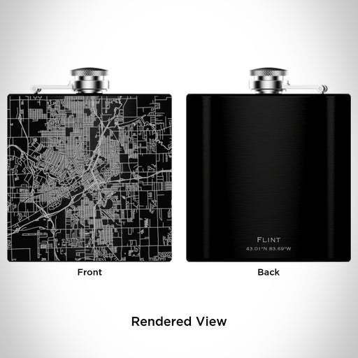 Rendered View of Flint Michigan Map Engraving on 6oz Stainless Steel Flask in Black