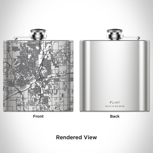 Rendered View of Flint Michigan Map Engraving on 6oz Stainless Steel Flask
