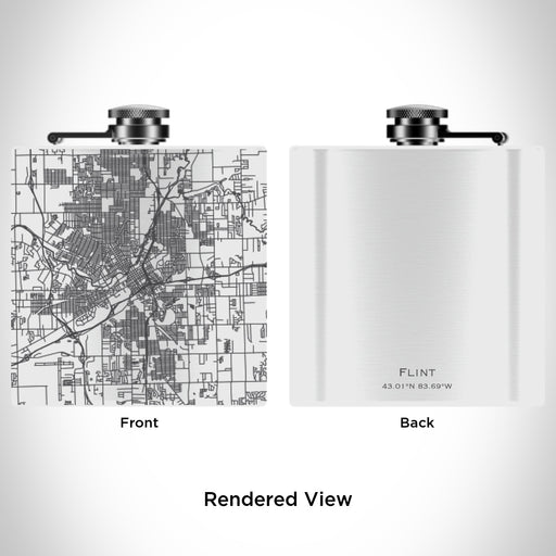 Rendered View of Flint Michigan Map Engraving on 6oz Stainless Steel Flask in White