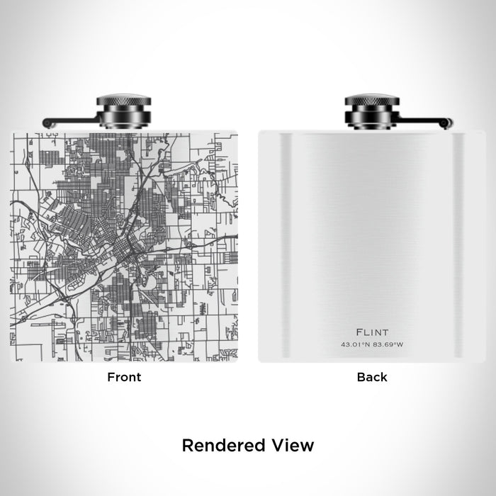 Rendered View of Flint Michigan Map Engraving on 6oz Stainless Steel Flask in White