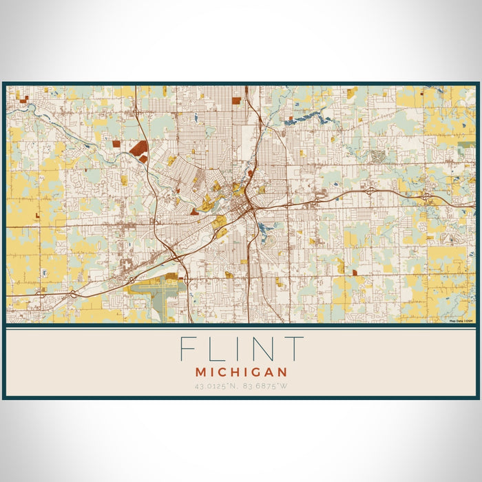 Flint Michigan Map Print Landscape Orientation in Woodblock Style With Shaded Background