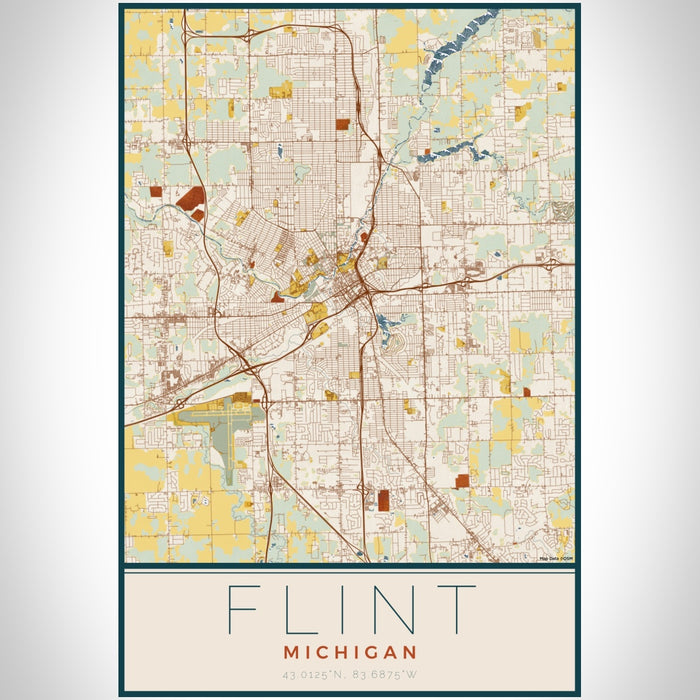 Flint Michigan Map Print Portrait Orientation in Woodblock Style With Shaded Background