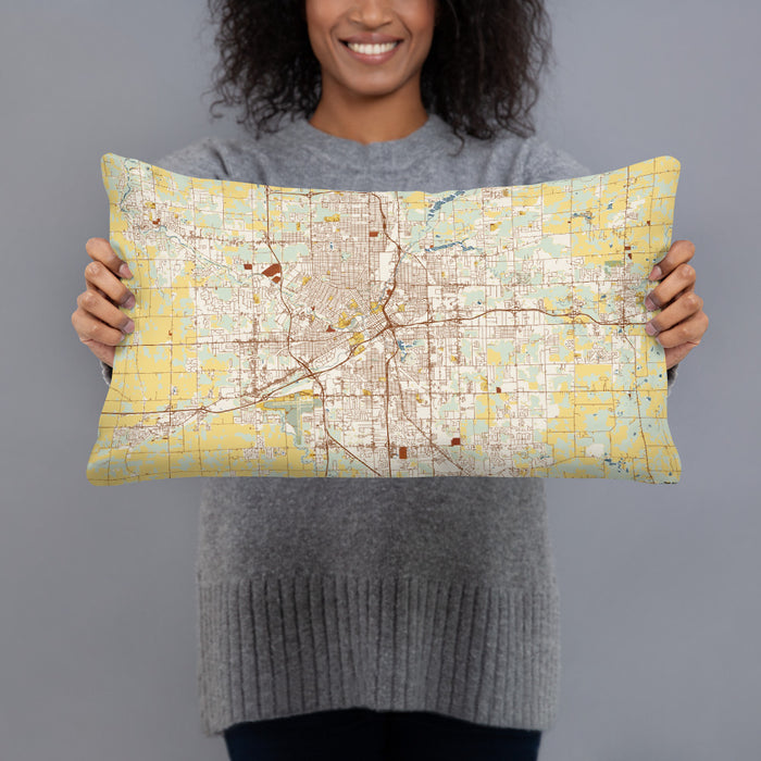 Person holding 20x12 Custom Flint Michigan Map Throw Pillow in Woodblock
