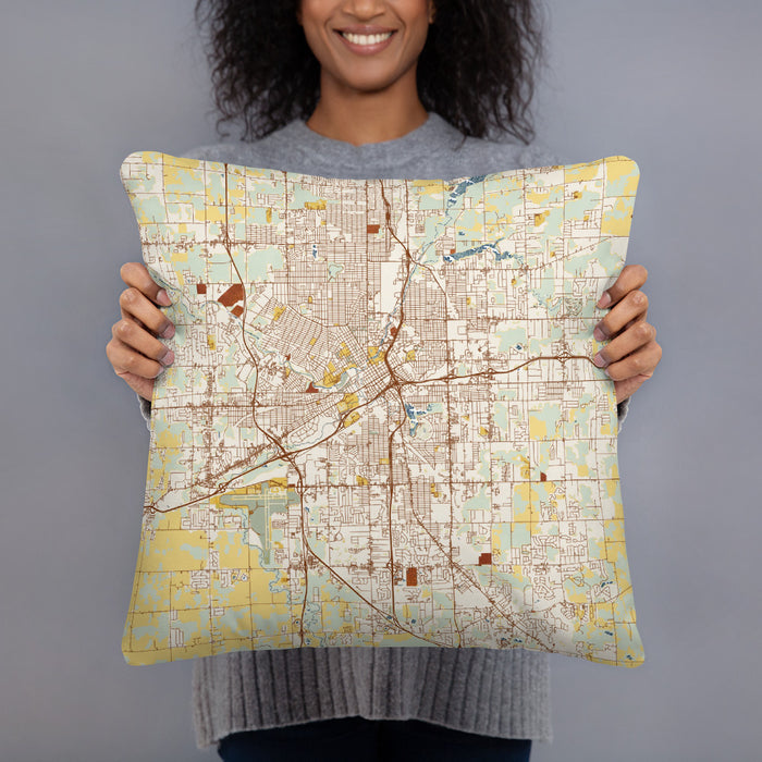 Person holding 18x18 Custom Flint Michigan Map Throw Pillow in Woodblock