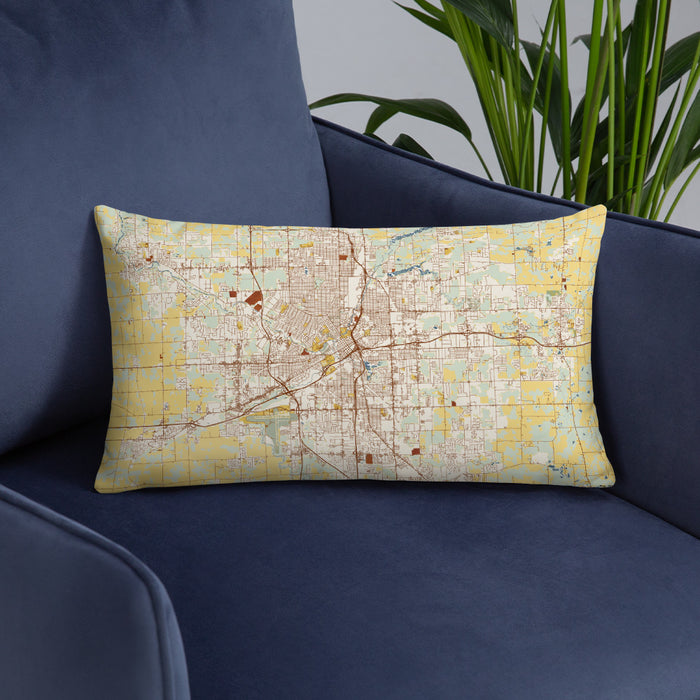 Custom Flint Michigan Map Throw Pillow in Woodblock on Blue Colored Chair