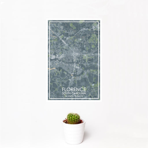 12x18 Florence South Carolina Map Print Portrait Orientation in Afternoon Style With Small Cactus Plant in White Planter