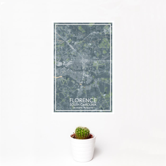 12x18 Florence South Carolina Map Print Portrait Orientation in Afternoon Style With Small Cactus Plant in White Planter