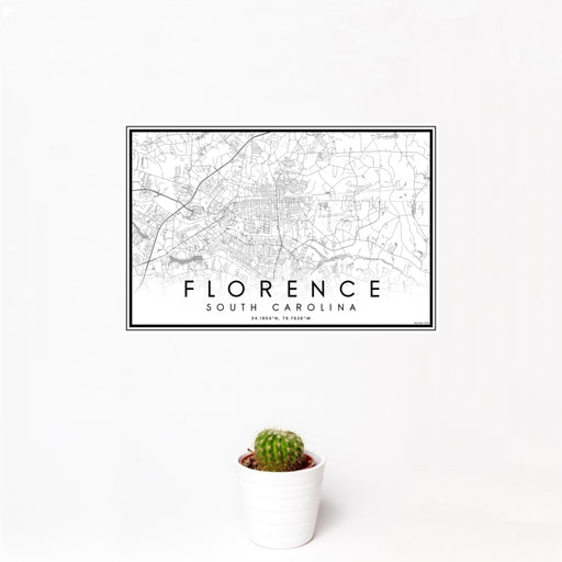 12x18 Florence South Carolina Map Print Landscape Orientation in Classic Style With Small Cactus Plant in White Planter