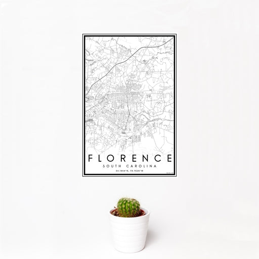 12x18 Florence South Carolina Map Print Portrait Orientation in Classic Style With Small Cactus Plant in White Planter