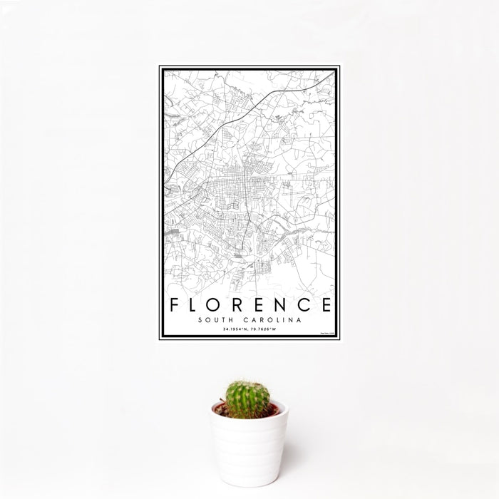 12x18 Florence South Carolina Map Print Portrait Orientation in Classic Style With Small Cactus Plant in White Planter