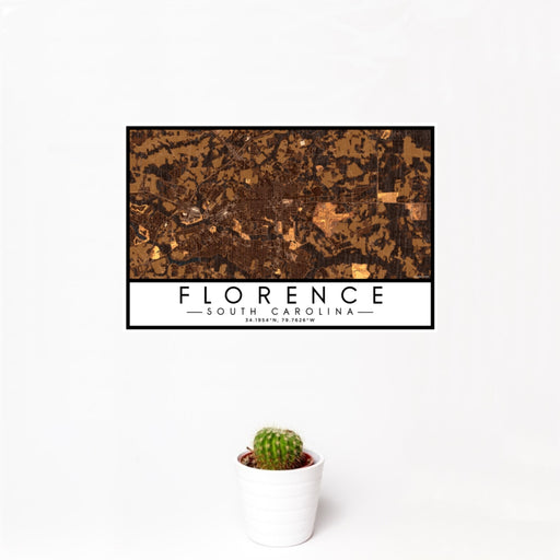 12x18 Florence South Carolina Map Print Landscape Orientation in Ember Style With Small Cactus Plant in White Planter