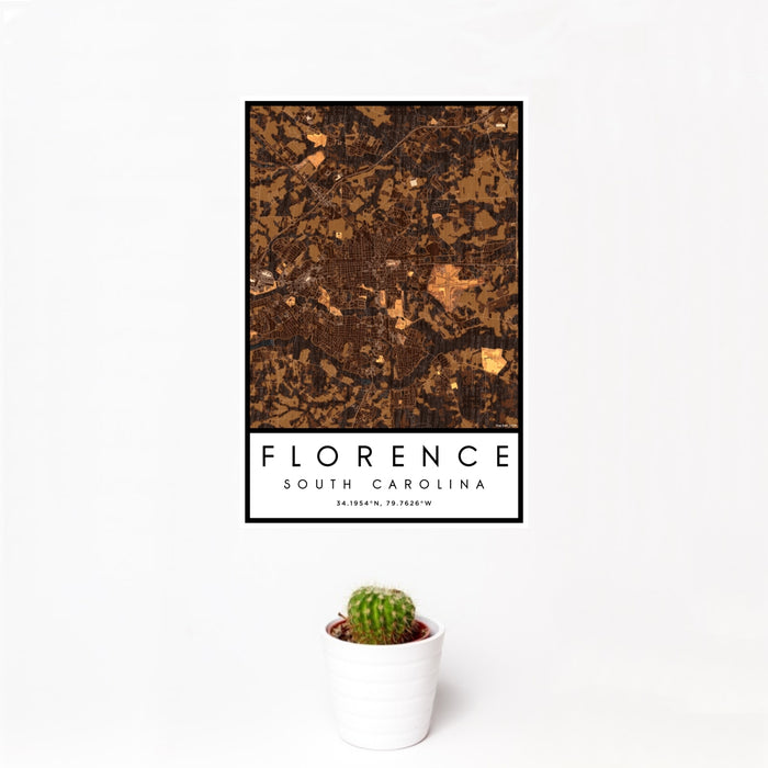 12x18 Florence South Carolina Map Print Portrait Orientation in Ember Style With Small Cactus Plant in White Planter