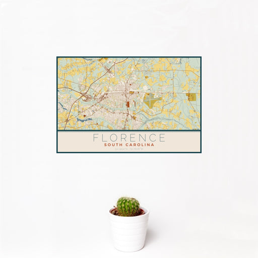 12x18 Florence South Carolina Map Print Landscape Orientation in Woodblock Style With Small Cactus Plant in White Planter