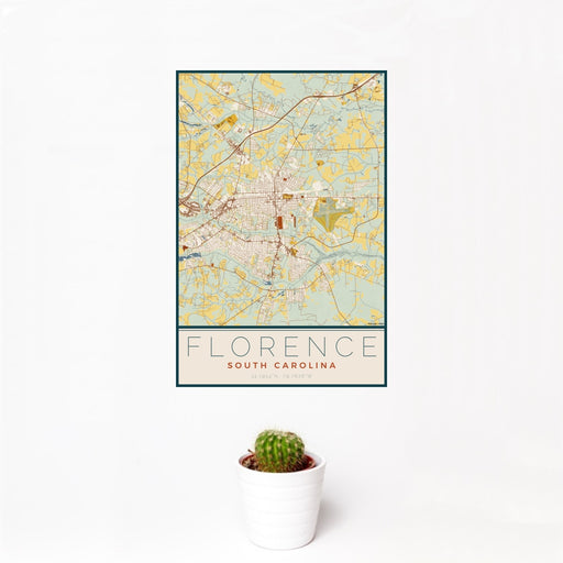 12x18 Florence South Carolina Map Print Portrait Orientation in Woodblock Style With Small Cactus Plant in White Planter