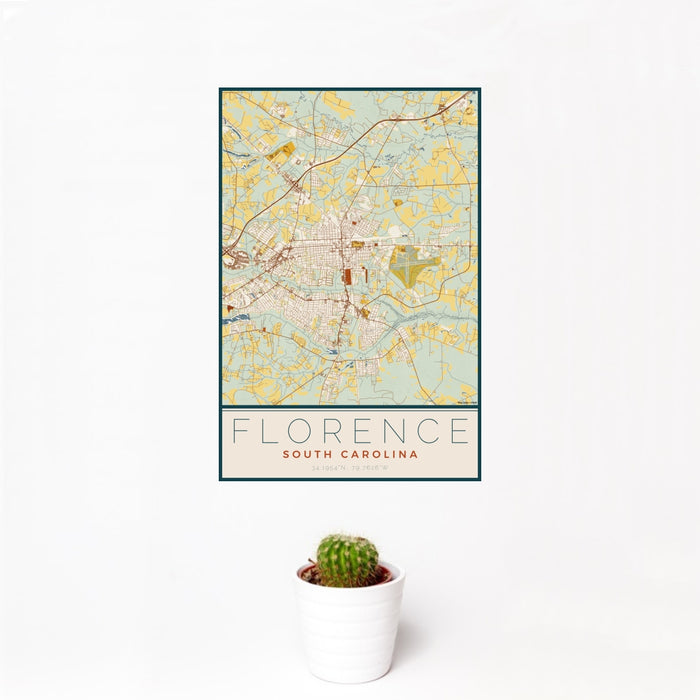 12x18 Florence South Carolina Map Print Portrait Orientation in Woodblock Style With Small Cactus Plant in White Planter