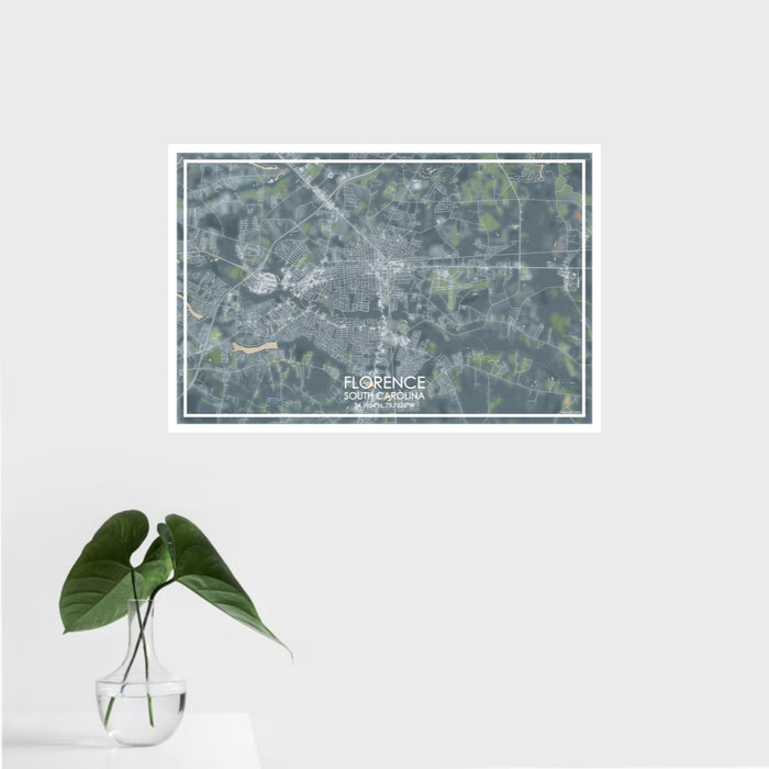 16x24 Florence South Carolina Map Print Landscape Orientation in Afternoon Style With Tropical Plant Leaves in Water