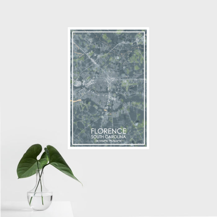 16x24 Florence South Carolina Map Print Portrait Orientation in Afternoon Style With Tropical Plant Leaves in Water