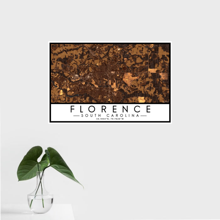 16x24 Florence South Carolina Map Print Landscape Orientation in Ember Style With Tropical Plant Leaves in Water