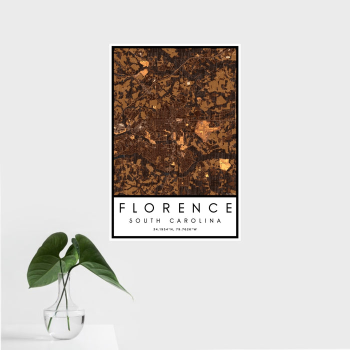 16x24 Florence South Carolina Map Print Portrait Orientation in Ember Style With Tropical Plant Leaves in Water