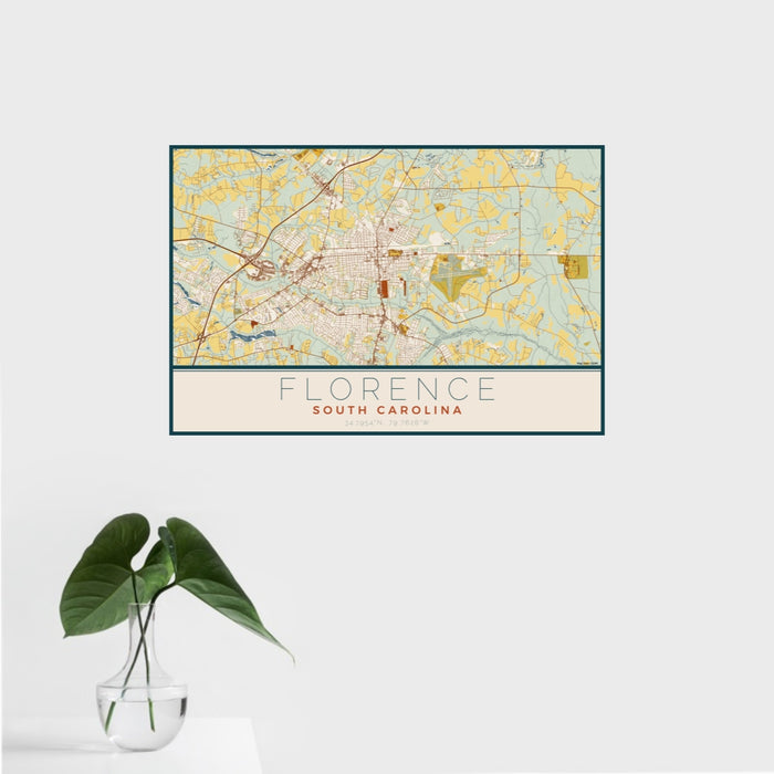 16x24 Florence South Carolina Map Print Landscape Orientation in Woodblock Style With Tropical Plant Leaves in Water