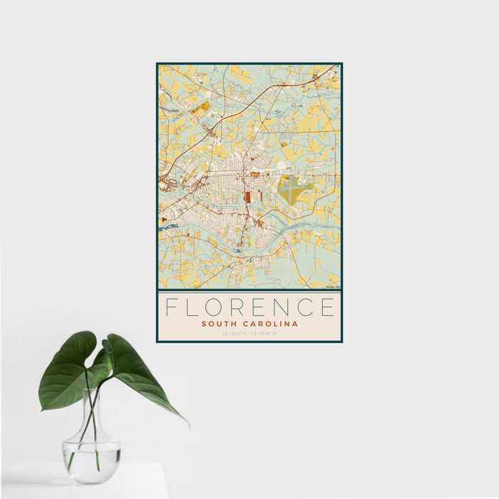 16x24 Florence South Carolina Map Print Portrait Orientation in Woodblock Style With Tropical Plant Leaves in Water