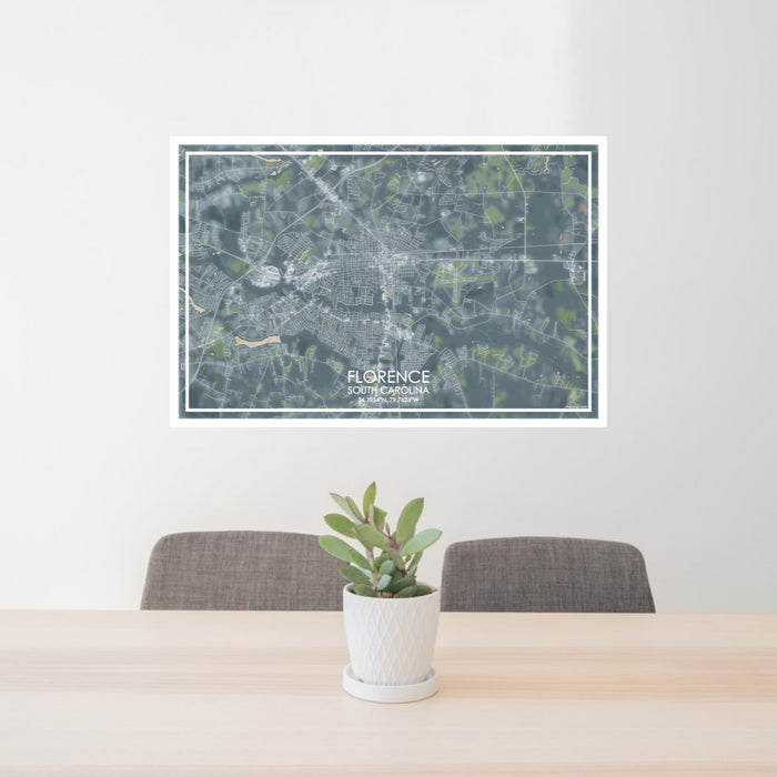 24x36 Florence South Carolina Map Print Lanscape Orientation in Afternoon Style Behind 2 Chairs Table and Potted Plant