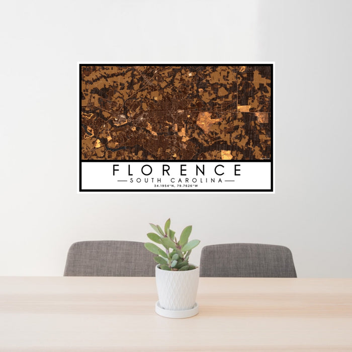 24x36 Florence South Carolina Map Print Lanscape Orientation in Ember Style Behind 2 Chairs Table and Potted Plant