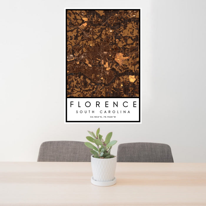 24x36 Florence South Carolina Map Print Portrait Orientation in Ember Style Behind 2 Chairs Table and Potted Plant