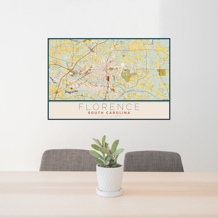 24x36 Florence South Carolina Map Print Lanscape Orientation in Woodblock Style Behind 2 Chairs Table and Potted Plant