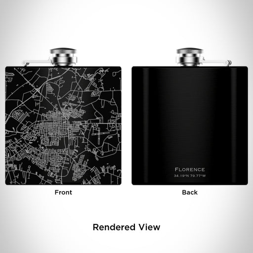 Rendered View of Florence South Carolina Map Engraving on 6oz Stainless Steel Flask in Black