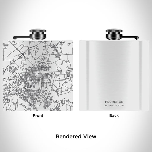Rendered View of Florence South Carolina Map Engraving on 6oz Stainless Steel Flask in White