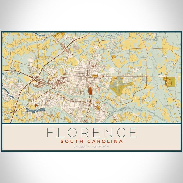 Florence South Carolina Map Print Landscape Orientation in Woodblock Style With Shaded Background