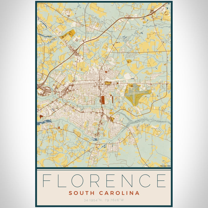 Florence South Carolina Map Print Portrait Orientation in Woodblock Style With Shaded Background