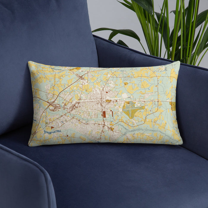 Custom Florence South Carolina Map Throw Pillow in Woodblock on Blue Colored Chair