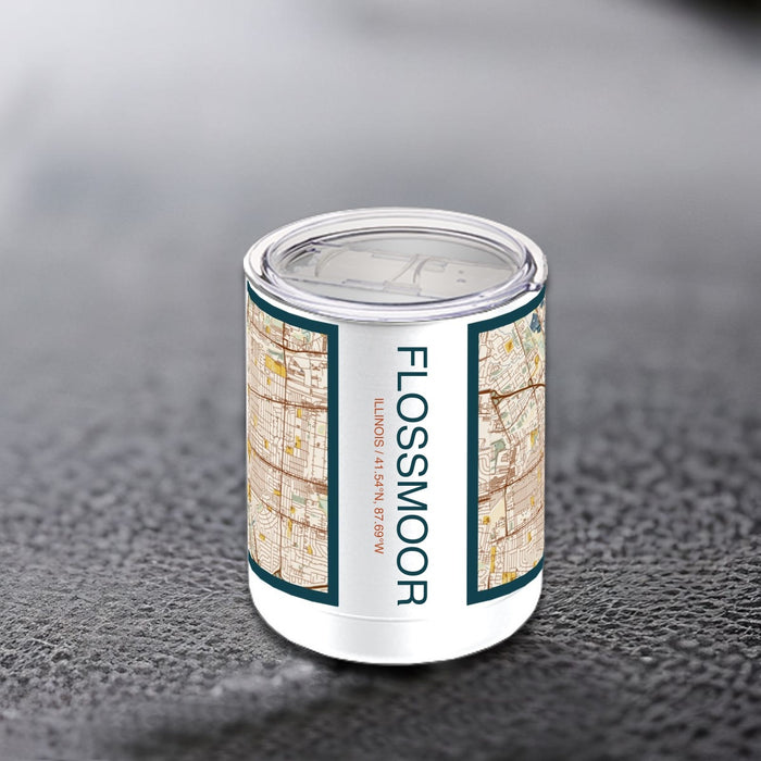 Flossmoor Illinois Custom City Map Inscription Coordinates on 10oz Stainless Steel Insulated Cup in Woodblock with Sliding Lid