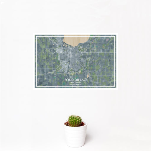 12x18 Fond du Lac Wisconsin Map Print Landscape Orientation in Afternoon Style With Small Cactus Plant in White Planter