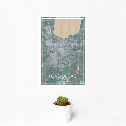 12x18 Fond du Lac Wisconsin Map Print Portrait Orientation in Afternoon Style With Small Cactus Plant in White Planter
