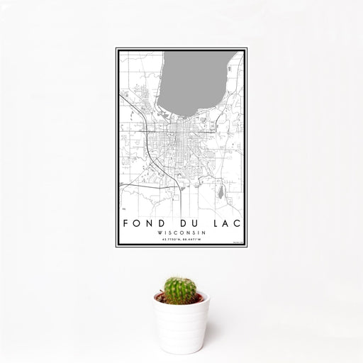 12x18 Fond du Lac Wisconsin Map Print Portrait Orientation in Classic Style With Small Cactus Plant in White Planter