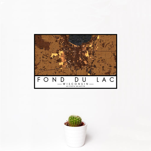 12x18 Fond du Lac Wisconsin Map Print Landscape Orientation in Ember Style With Small Cactus Plant in White Planter