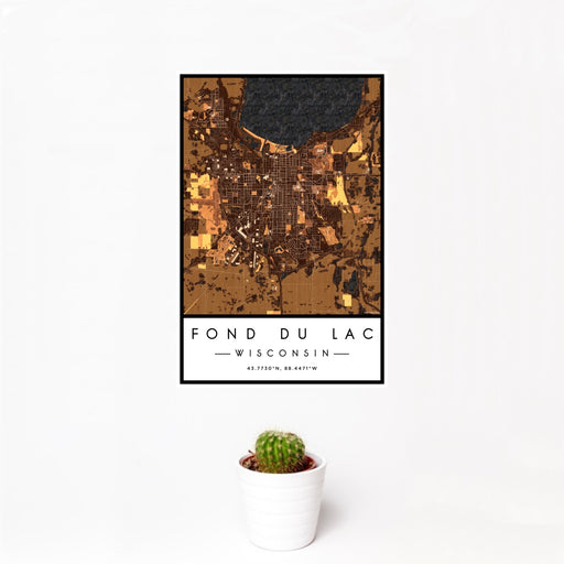 12x18 Fond du Lac Wisconsin Map Print Portrait Orientation in Ember Style With Small Cactus Plant in White Planter