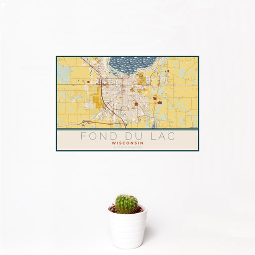 12x18 Fond du Lac Wisconsin Map Print Landscape Orientation in Woodblock Style With Small Cactus Plant in White Planter