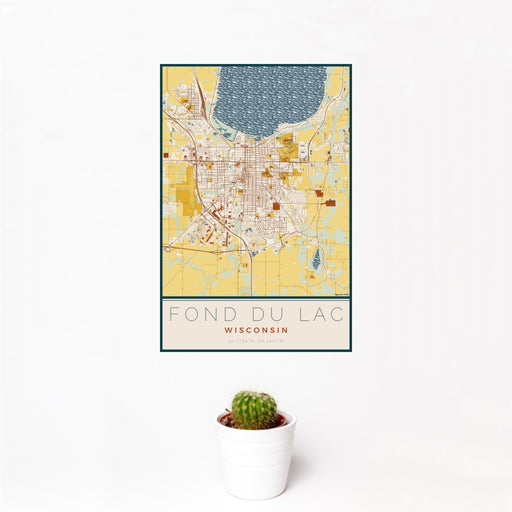 12x18 Fond du Lac Wisconsin Map Print Portrait Orientation in Woodblock Style With Small Cactus Plant in White Planter
