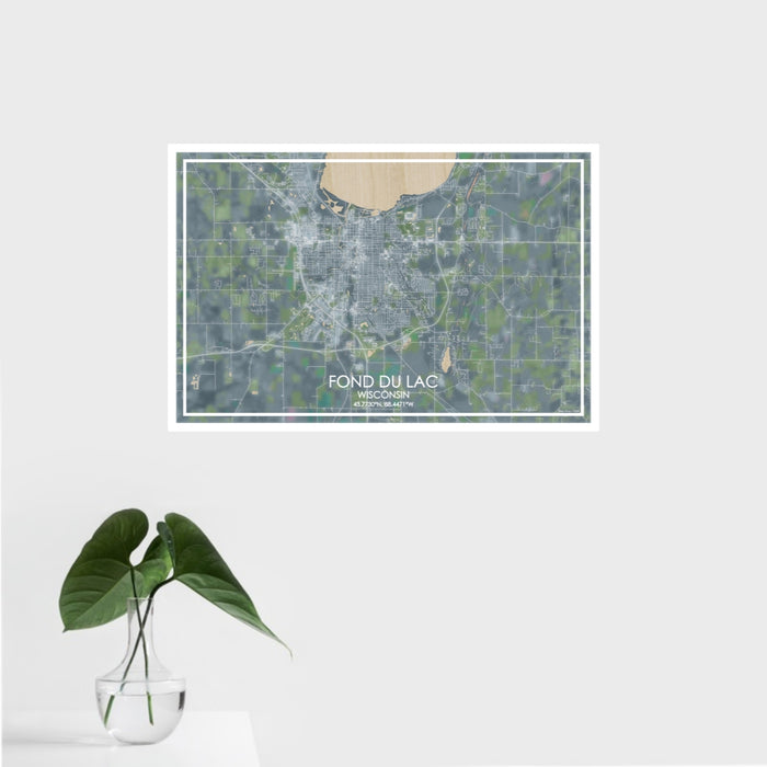16x24 Fond du Lac Wisconsin Map Print Landscape Orientation in Afternoon Style With Tropical Plant Leaves in Water