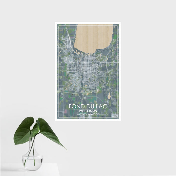 16x24 Fond du Lac Wisconsin Map Print Portrait Orientation in Afternoon Style With Tropical Plant Leaves in Water